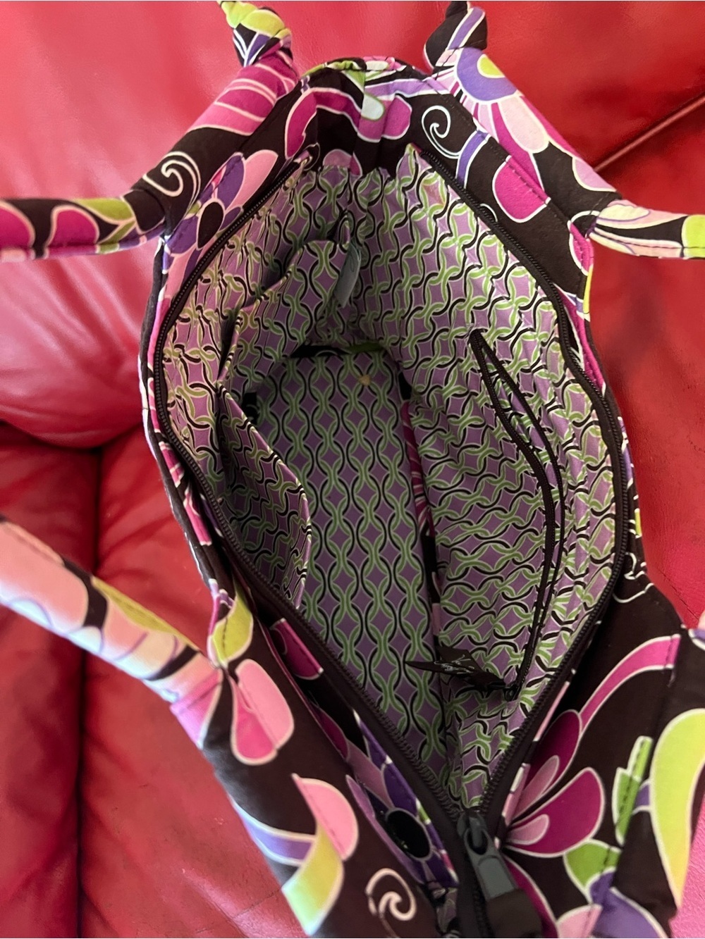 Vera Bradley Floral Quilted Tote in Brown with Pink & Lime - Picture 3 of 4